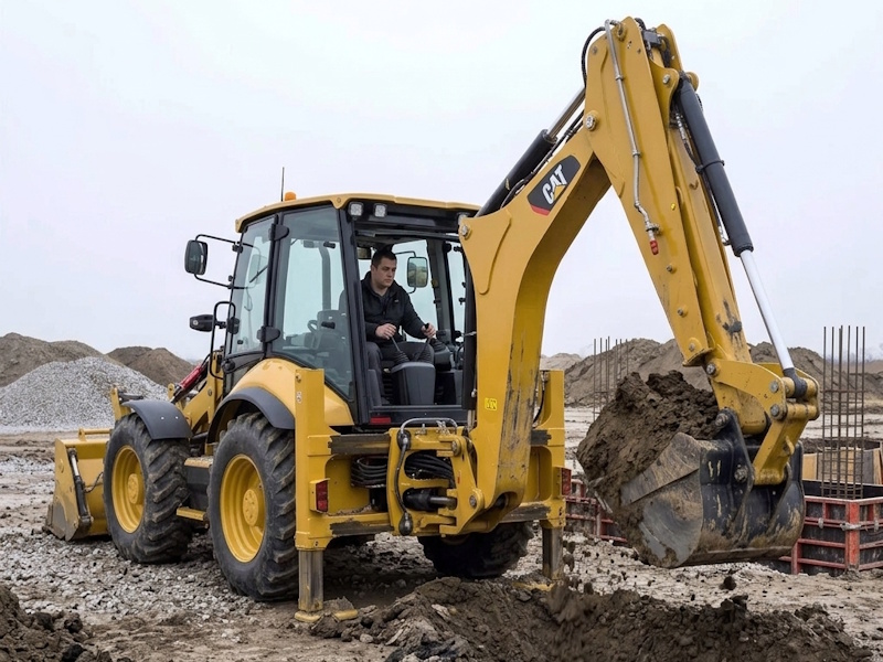Земляные работы экскаватором-погрузчиком Caterpillar 434